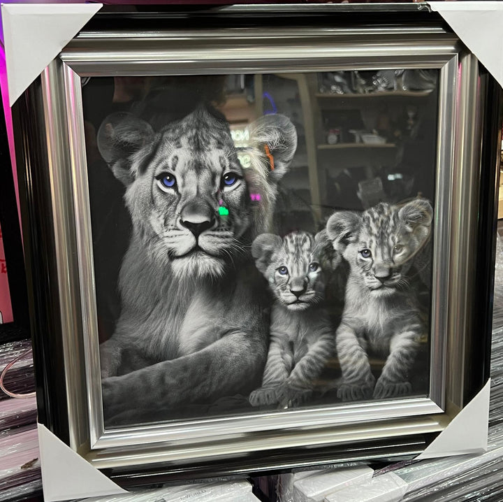 Lion with 2 cubs black & silver framed step majestic animal home decor