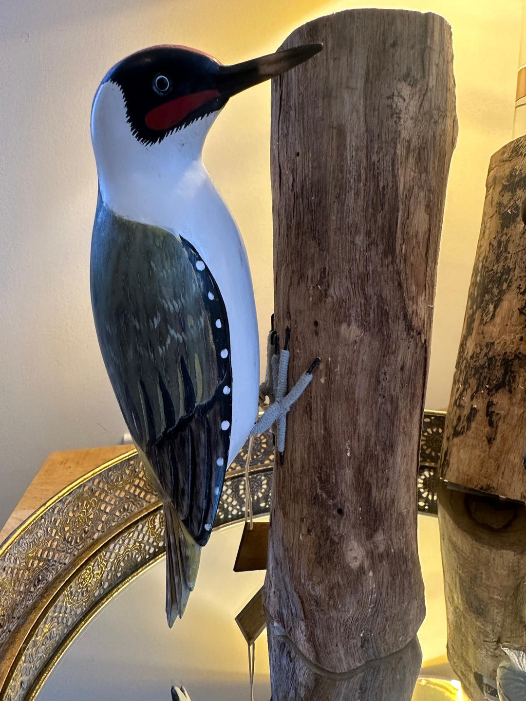 Hand-Carved & Hand-Painted Green Woodpecker on Rugged Wooden Trunk Decorative Figure