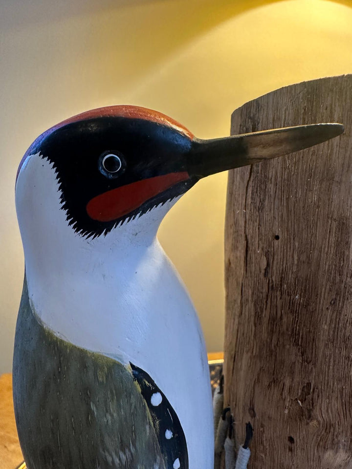 Hand-Carved & Hand-Painted Green Woodpecker on Rugged Wooden Trunk Decorative Figure