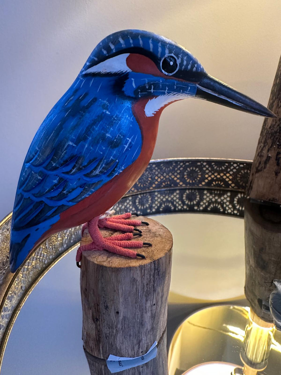 Hand-Carved & Hand-Painted Blue & Orange Kingfisher on Wooden Stump Decorative Figure