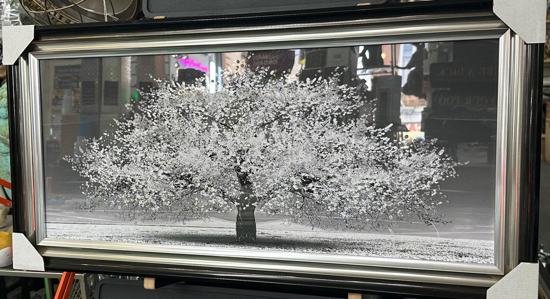 Elegant Black & Gold Two Tone framed Blossom Trees  white orange & gold Art with Liquid Art and Crystals-Assorted colours