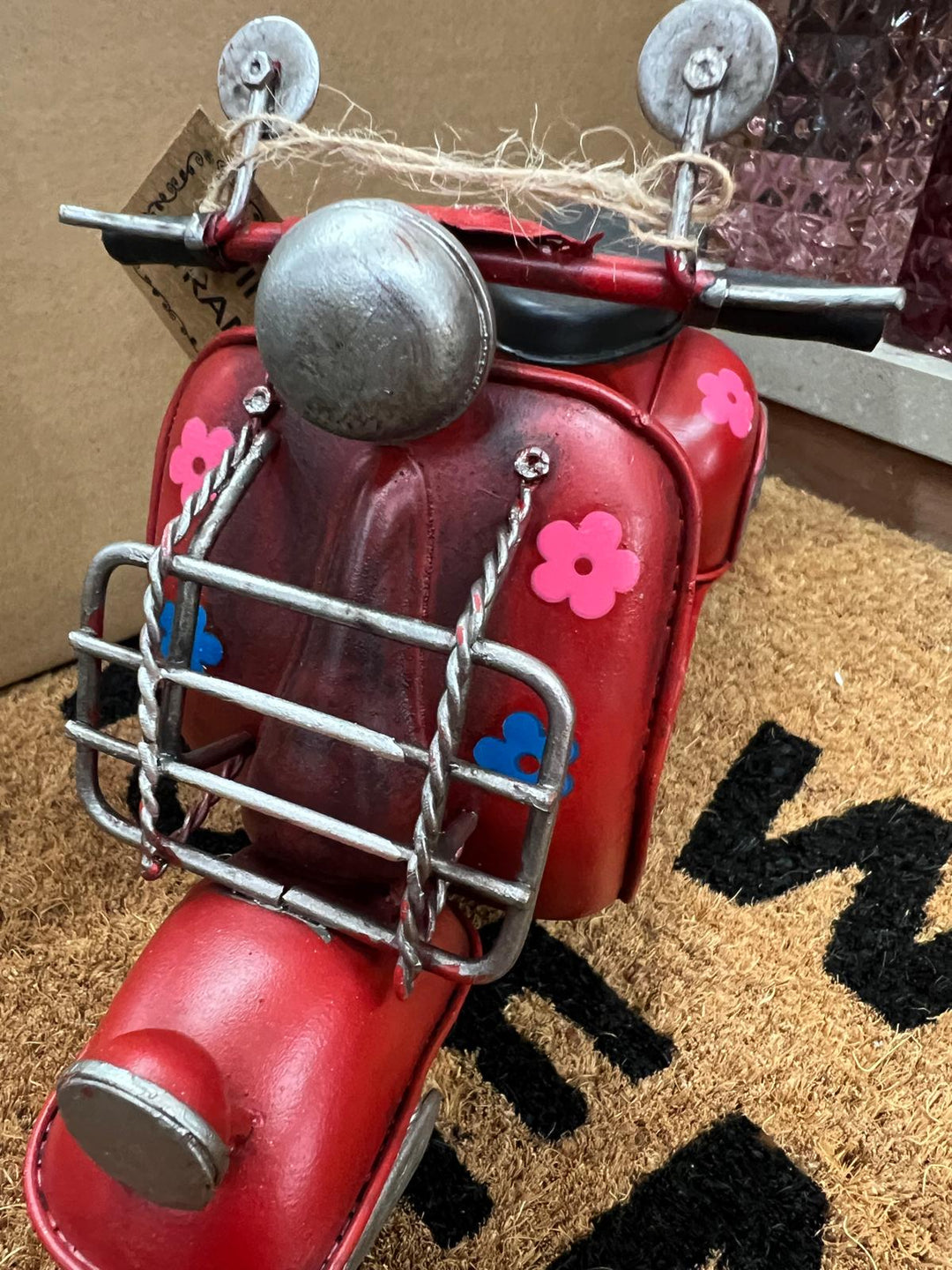 Vintage Lambretta Scooter Tin Model – Red, Yellow, Green, Pink & Purple Floral Retro Transport Collectible Décor