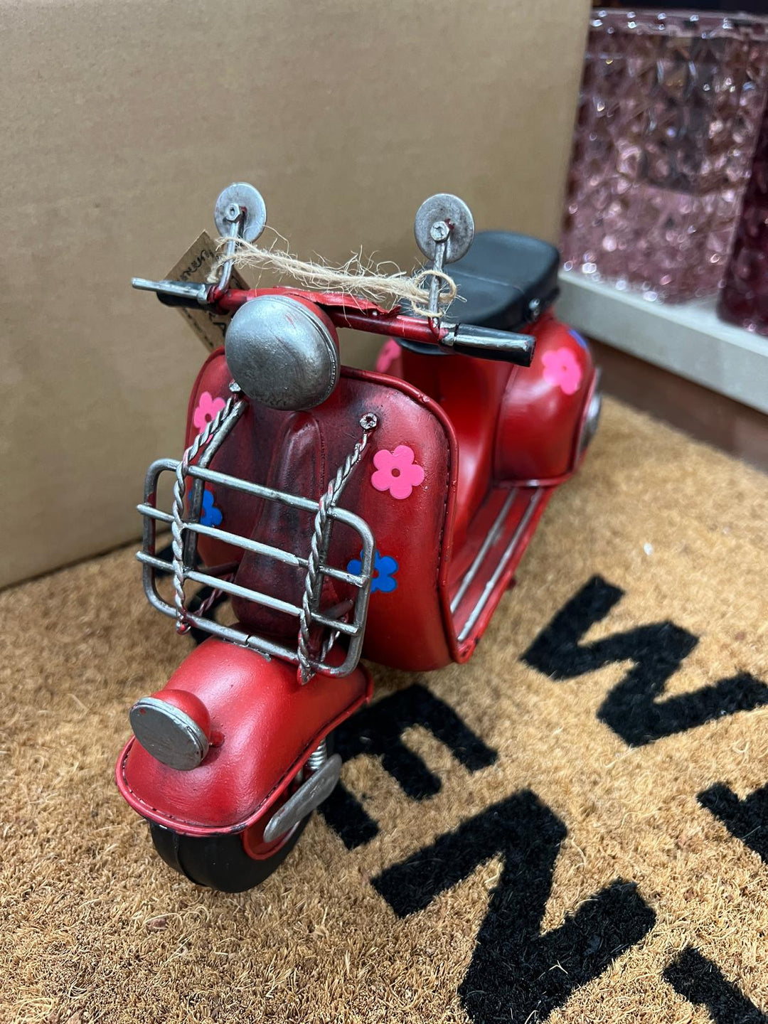 Vintage Lambretta Scooter Tin Model – Red, Yellow, Green, Pink & Purple Floral Retro Transport Collectible Décor