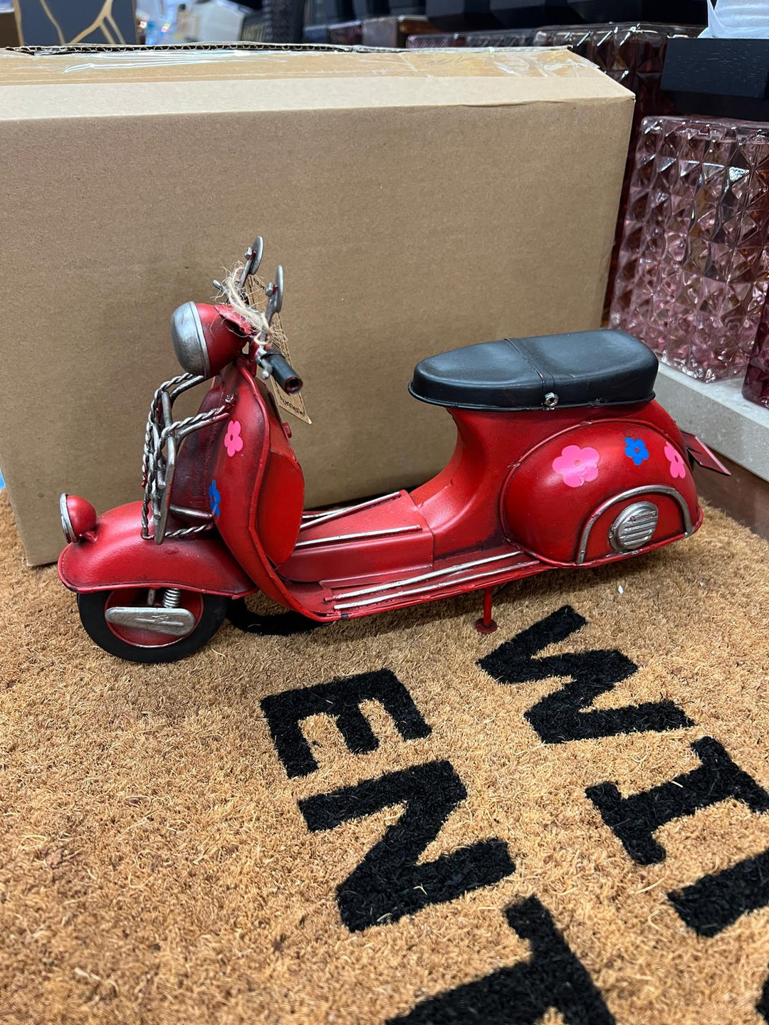 Vintage Lambretta Scooter Tin Model – Red, Yellow, Green, Pink & Purple Floral Retro Transport Collectible Décor