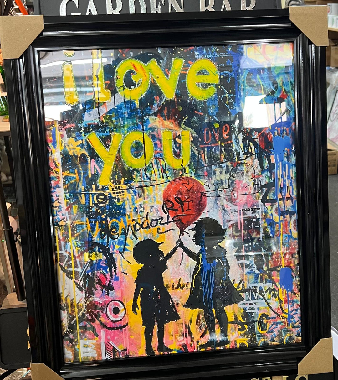 H.58CM-Black Framed Siblings Hugging Banksy Wall Art with Liquid Resin Finish home décor