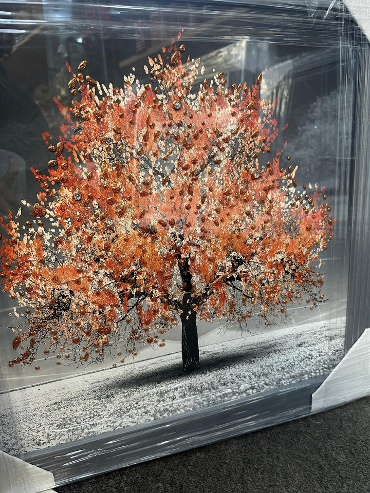 Blossom Tree Wall Art–White, Orange, Green, Yellow, red & Pink with Silver Frame & Liquid Art Crystals