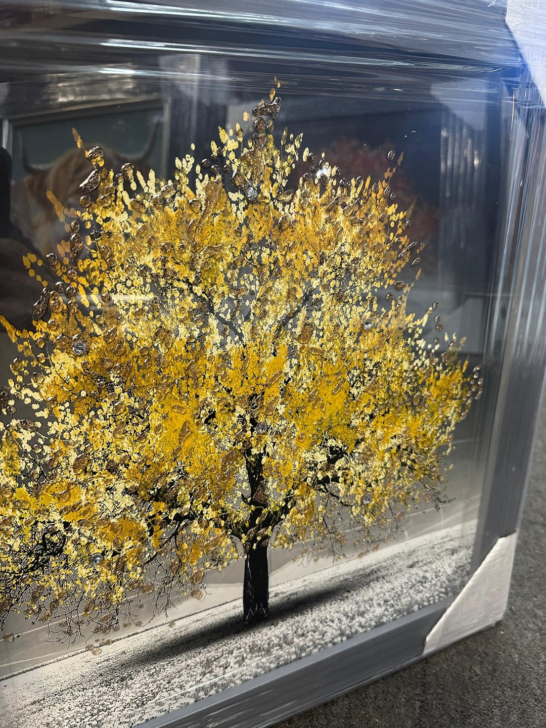 Blossom Tree Wall Art–White, Orange, Green, Yellow, red & Pink with Silver Frame & Liquid Art Crystals