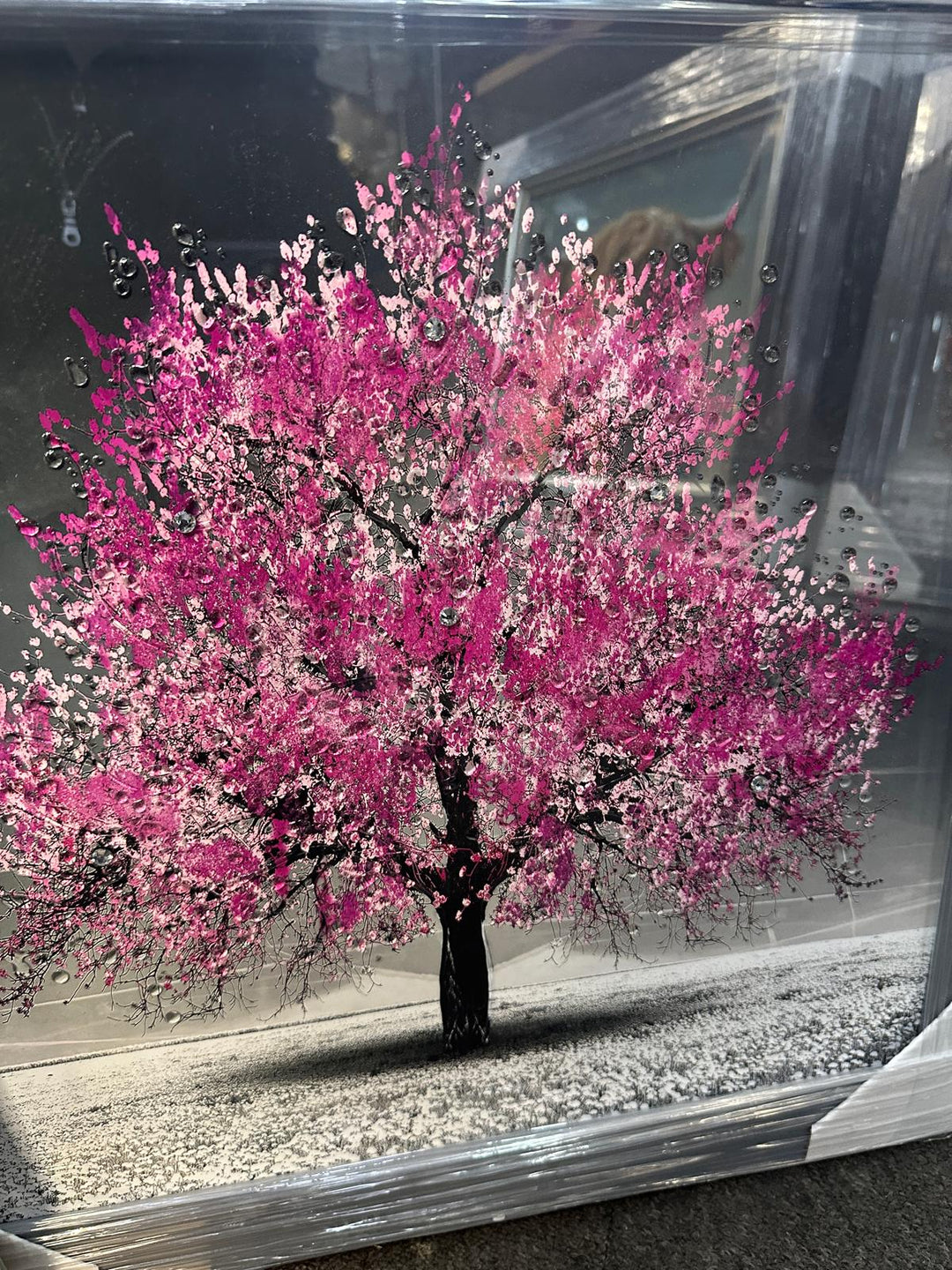 Blossom Tree Wall Art–White, Orange, Green, Yellow, red & Pink with Silver Frame & Liquid Art Crystals
