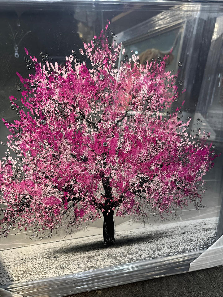 Blossom Tree Wall Art–White, Orange, Green, Yellow, red & Pink with Silver Frame & Liquid Art Crystals