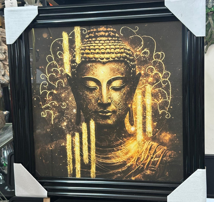 Black & Gold Buddha Wall Art Picture with Black Frame & Fitments