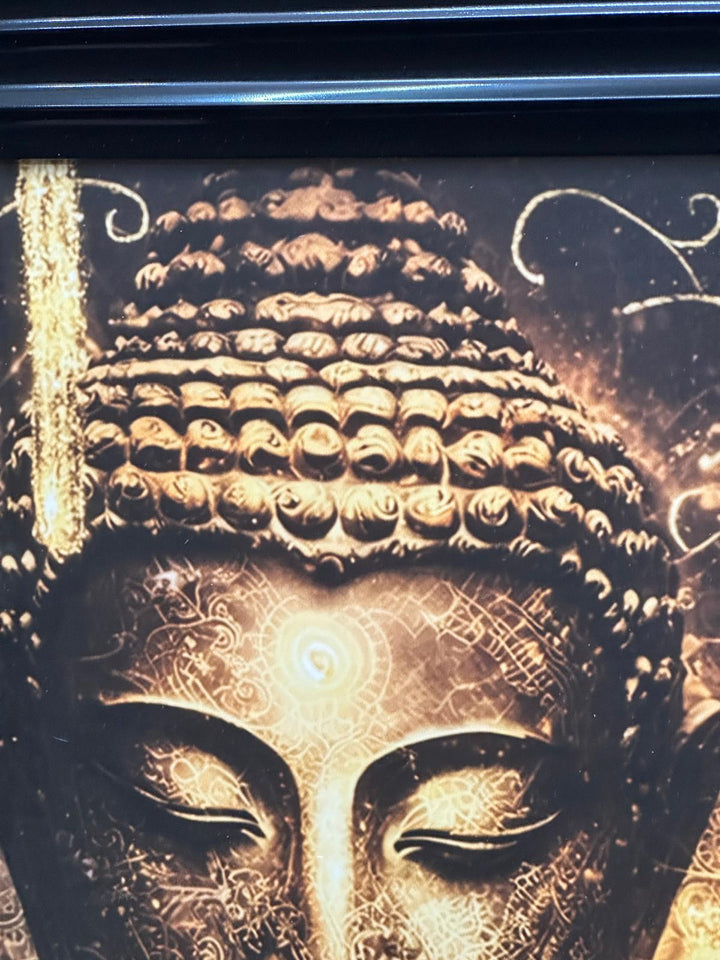 Black & Gold Buddha Wall Art Picture with Black Frame & Fitments