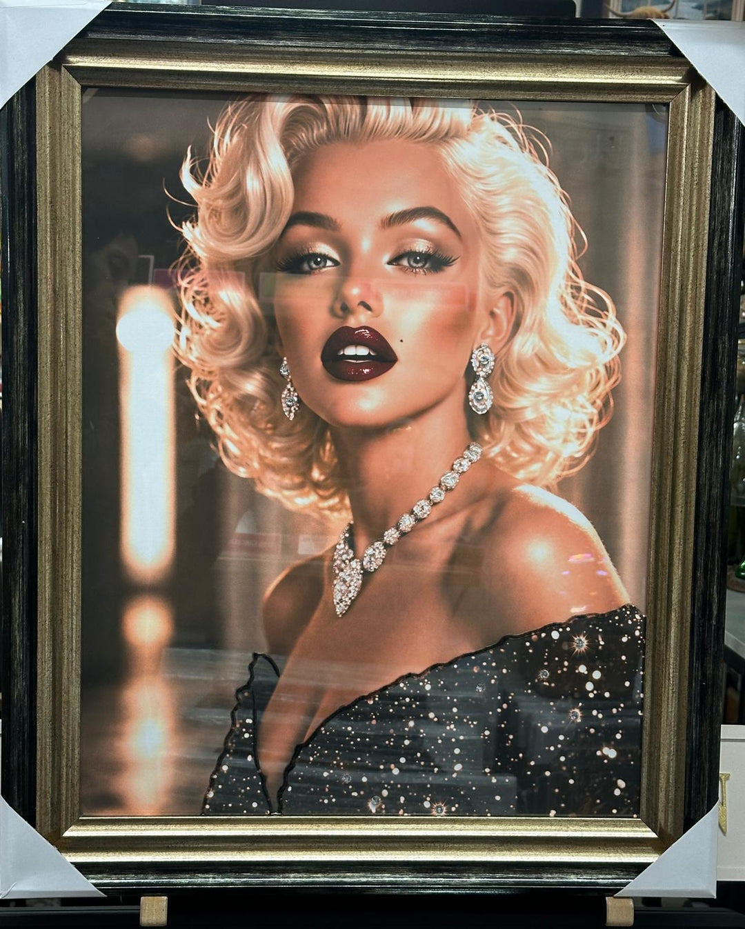 Stunning Marilyn Monroe wall art wearing black glitter dress red lips with liquid art resin and black frame