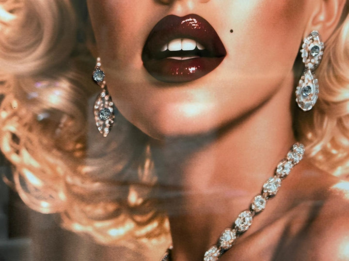 Stunning Marilyn Monroe wall art wearing black glitter dress red lips with liquid art resin and black frame