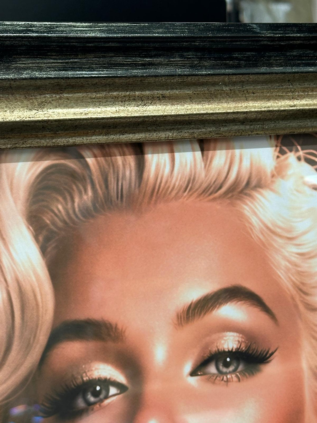 Stunning Marilyn Monroe wall art wearing black glitter dress red lips with liquid art resin and black frame