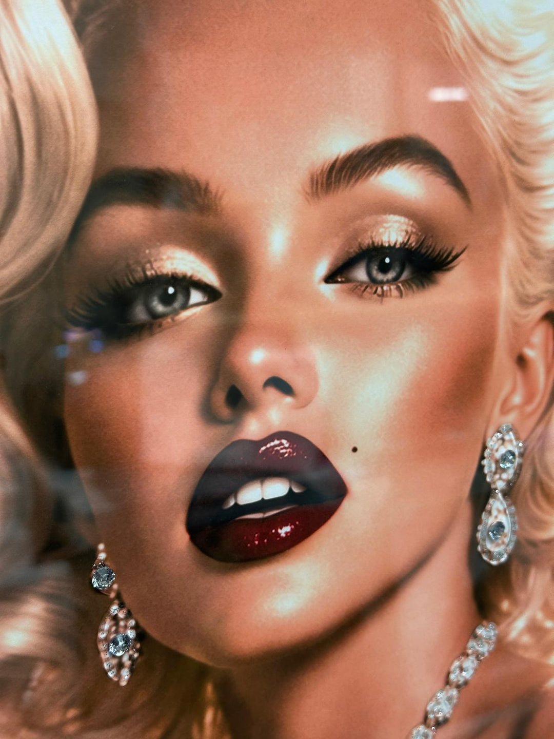 Stunning Marilyn Monroe wall art wearing black glitter dress red lips with liquid art resin and black frame