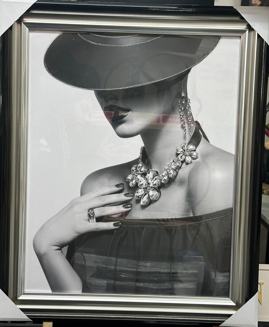Stunning Lady with Red Lips in Hat holding Ice Cream – Black & Silver Two-Tone Frame with Liquid Art Resin