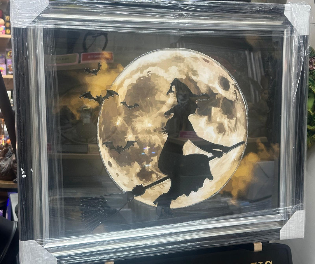 Flying Witch on Broomstick Moon Wall Art Picture – Liquid Resin Art – Two Tone Frame Fantasy Wall Hanging