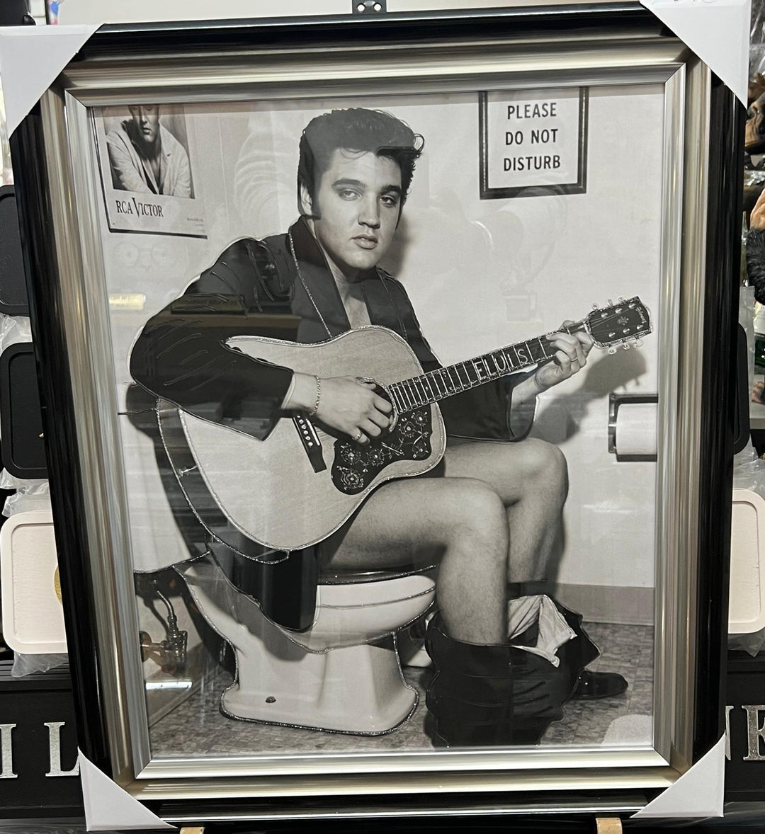 Elvis presley picture sitting on the toilet playing guitar black and white wall art with liquid art resin two tone frame