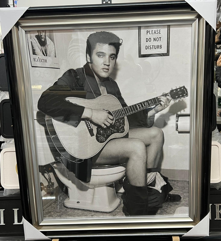 Elvis presley picture sitting on the toilet playing guitar black and white wall art with liquid art resin two tone frame