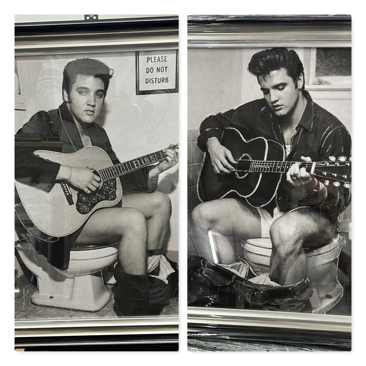 Elvis presley picture sitting on the toilet playing guitar black and white wall art with liquid art resin two tone frame