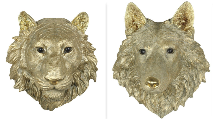 Gold Wolf & Tiger Head Wall Art– Faux Taxidermy Resin Décor | Statement wall Décor Home Accent