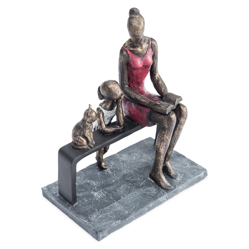 Hand-Painted Mother and Daughter with Cat Polyresin Home Décor Figurine