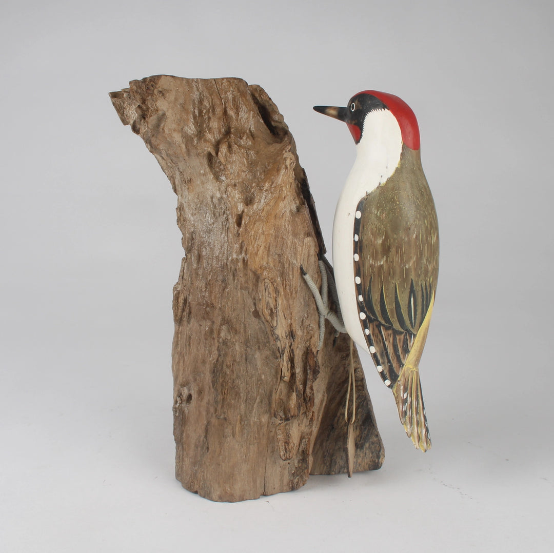 Hand-Carved & Hand-Painted Green Woodpecker on Rugged Wooden Trunk Decorative Figure
