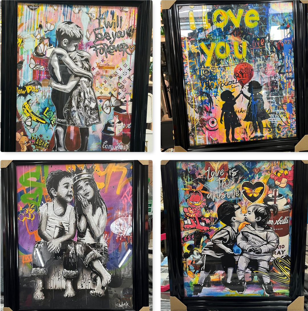 H.58CM-Black Framed Siblings Hugging Banksy Wall Art with Liquid Resin Finish home décor