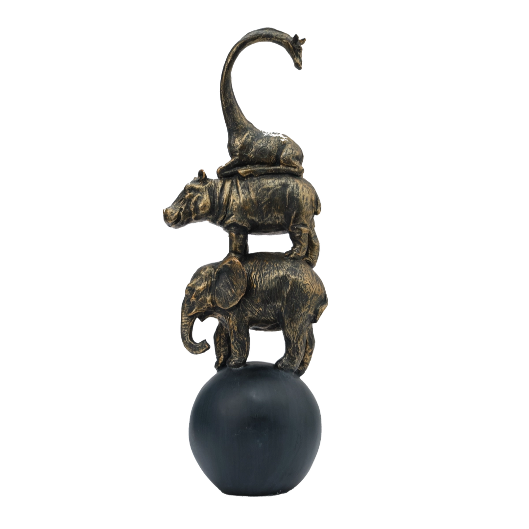 Elephant Hippo Giraffe Sculpture Bronze Balancing on Black Sphere Ornament