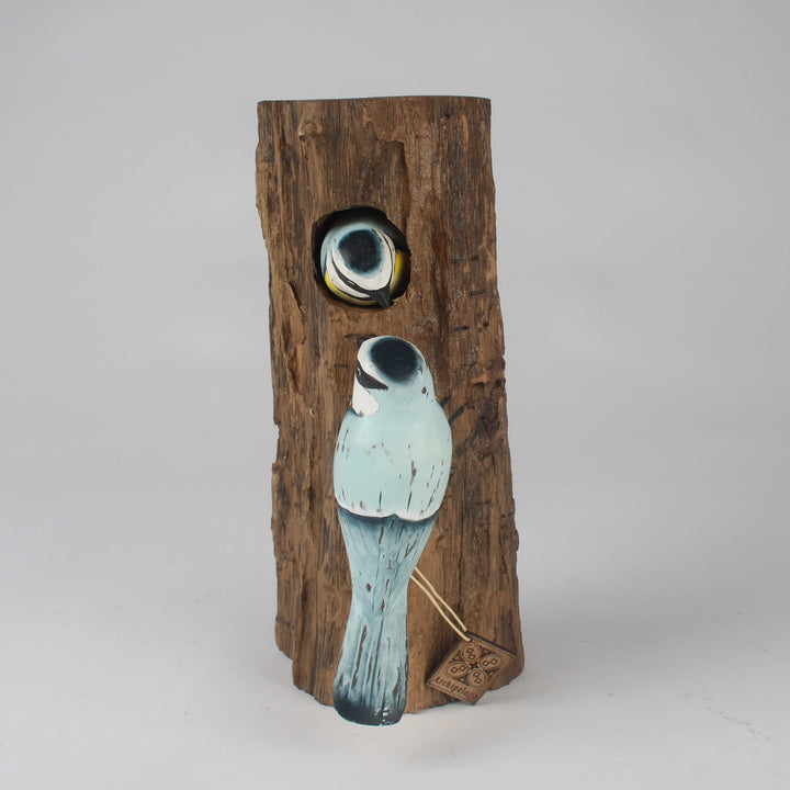 Hand-Carved & Hand-Painted Blue Tit Family Wall Hanging – Rustic Wooden Plaque
