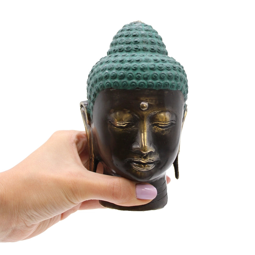 Antique Brass Buddha Head Ornament Green & Brass Iron Home Decor Statue