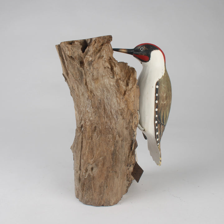 Hand-Carved & Hand-Painted Green Woodpecker on Rugged Wooden Trunk Decorative Figure