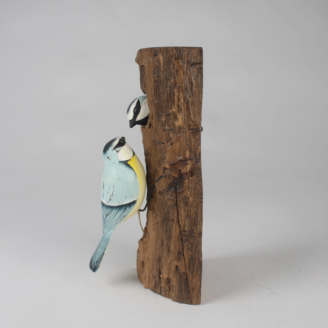 Hand-Carved & Hand-Painted Blue Tit Family Wall Hanging – Rustic Wooden Plaque