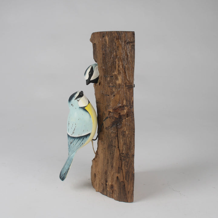 Hand-Carved & Hand-Painted Blue Tit Family Wall Hanging – Rustic Wooden Plaque