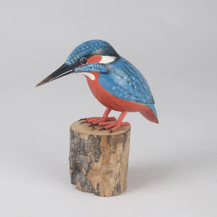 Hand-Carved & Hand-Painted Blue & Orange Kingfisher on Wooden Stump Decorative Figure
