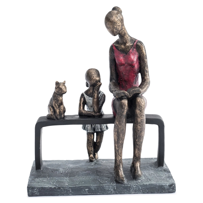 Hand-Painted Mother and Daughter with Cat Polyresin Home Décor Figurine