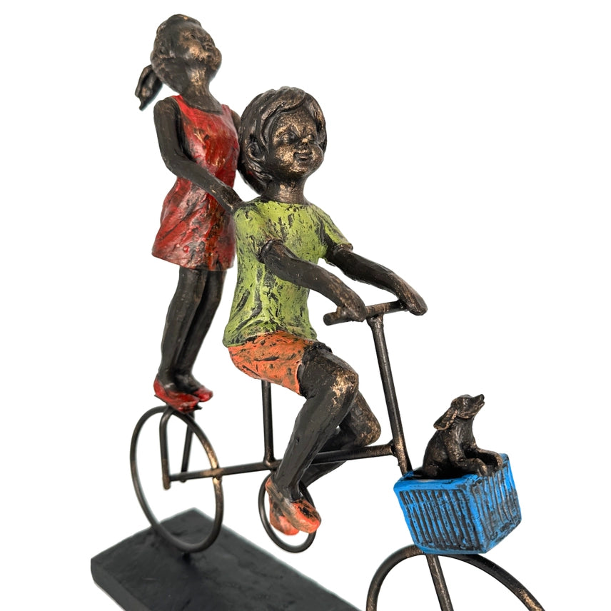 Children Bicycle Ride Figurine with Dog in Basket Polyresin Decorative Ornament