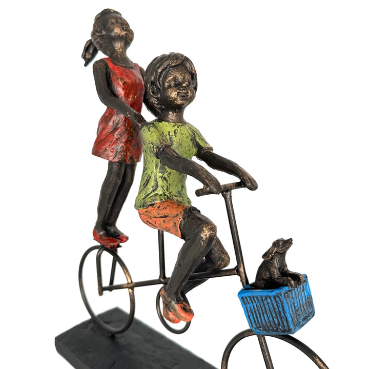 Children Bicycle Ride Figurine with Dog in Basket Polyresin Decorative Ornament