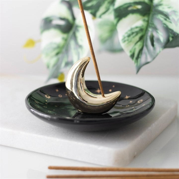 Gold Crescent Moon Ceramic Incense Holder – Elegant Celestial Stick Burner for Home Décor & Relaxation