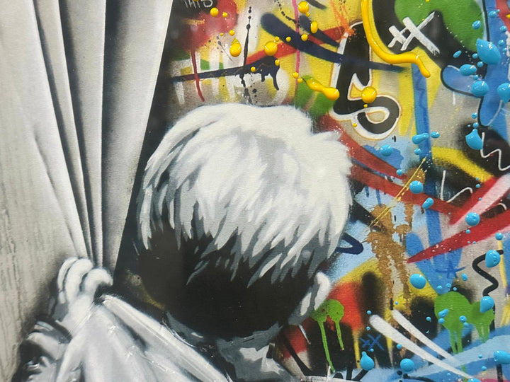 Boy Pulling Curtain Graffiti Wall Art | Black Framed Contemporary Street Art Picture