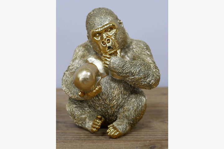 Thinking Gorilla with Gold Skull Resin Ornament | Luxury Contemporary Gorilla Sculpture