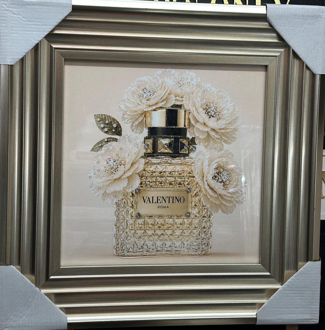 Luxury Floral Bottle Wall Art with Champagne Step Frame | Liquid Art Resin & Crystal Picture