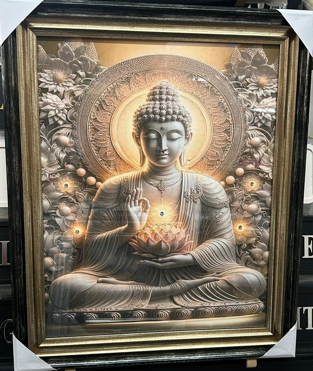 Buddha Liquid Art Resin Wall Pictures with Crystals | Luxury Black & Gold Framed Wall Art