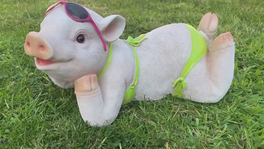 Pig in a bikini resin decorative laying lawn garden décor