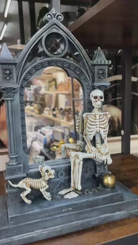 Skeleton in shackels, mirror & dog quirky ornament resin