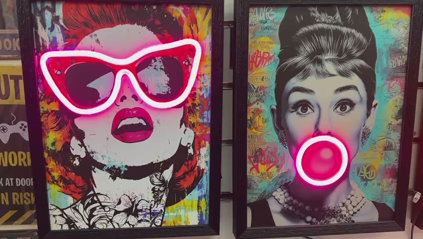 LED Light Canvas Pictures  Audrey, Beer glass, man Saxophone, Marilyn Monroe Black Frame USB Cable
