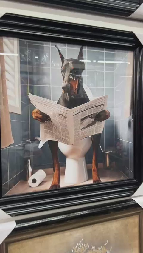 Black Framed Dobermann dog picture Newspaper on the toilet quirky wall art decor