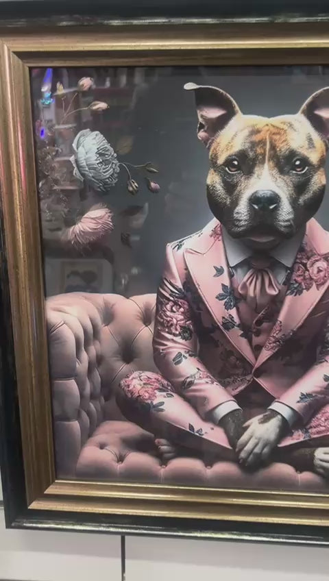 Black & gold step framed Staffy dog in pink floral suit picture