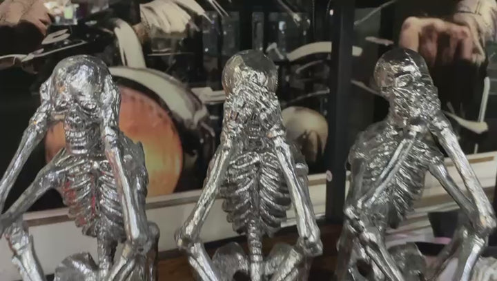 3 Wise Skeletons silver resin decorative quirky ornaments shelf sitting novelty
