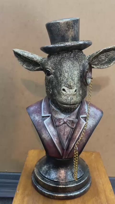 Goat Bust Figurine Statue Brushed Gold Art Ornament Hat suit &glasses Home Decor